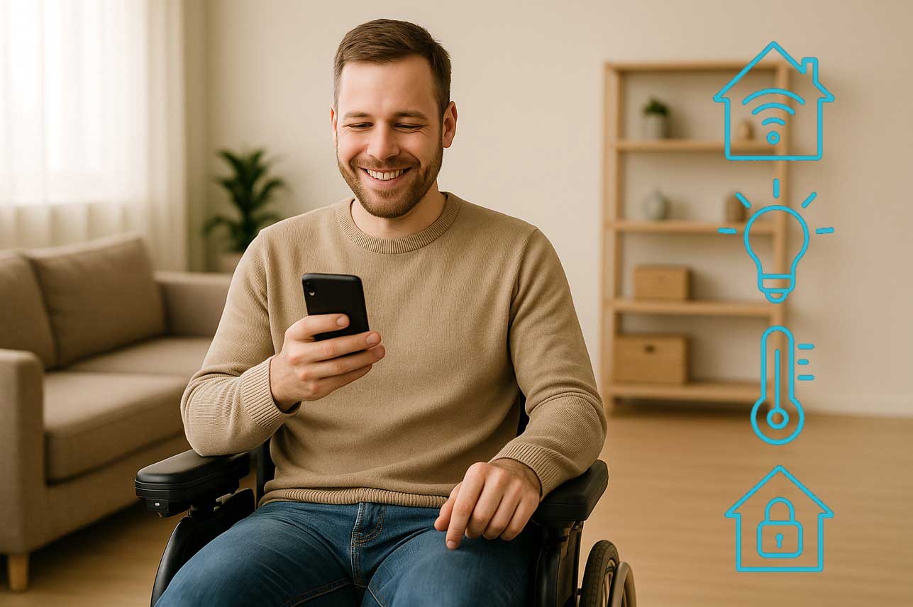 plan-adapta-domotica Persona en silla ruedas controlando su casa con el móvil gracias a las ayudas del Plan Adapta 2025